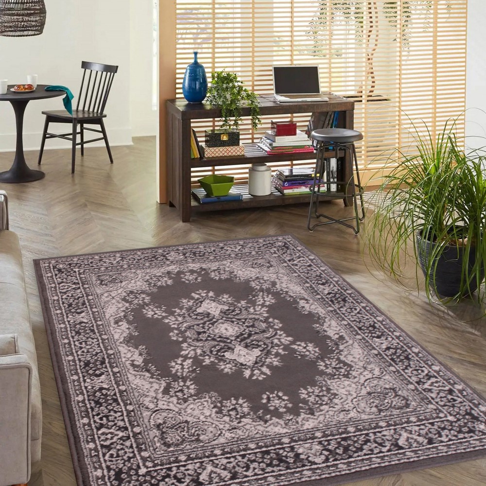 Traditional Poly Lancashire Medallion Border Rugs in Dark grey